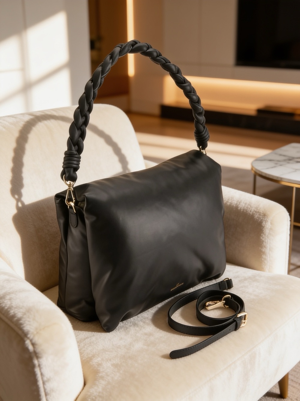 Roberta Rossi Black Puffy Italian Leather Shoulder Bag Braided Handle NWOT
